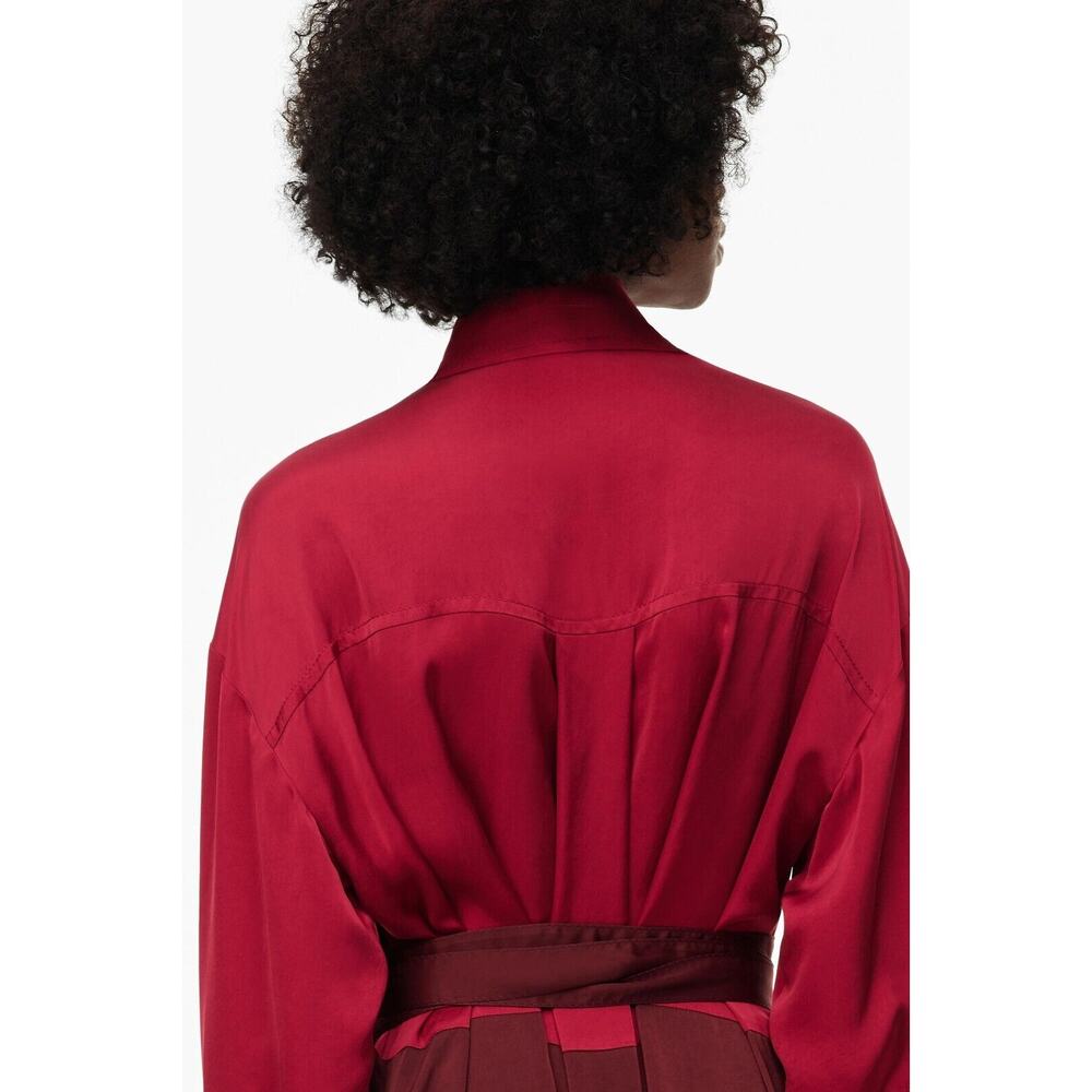 Zara NWT Burgundy Tie Neck Belted Midi Shirt Dress S M - Picture 12 of 16